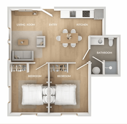 Floor plan for 2 beds, 1 bath, 628 sqft